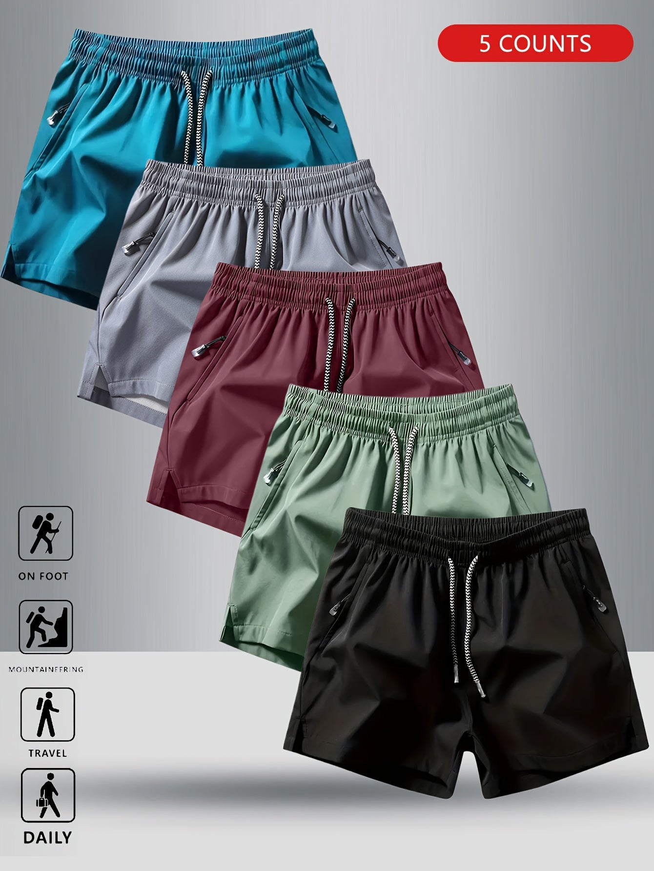 5pcs Men'S Summer Sports Shorts - Breathable, Lightweight, Moisture-Wicking Drawstring Waist, Solid Colors (Green, Red, Purple, Blue, Tan) for Casual, Outdoor, and Athletic Activitie