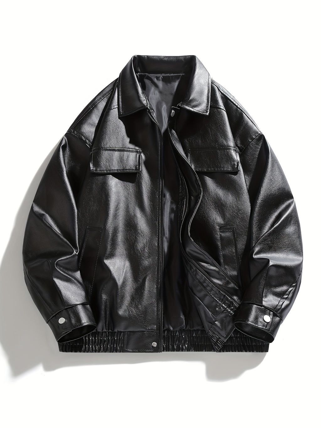 AWESOME BIRD Men's Retro PU Leather Jacket - Casual Street Style, Black Smooth Finish, Long Sleeve with Flap Pockets, Zip-Up Closure, Machine Washable, Polyester Blend