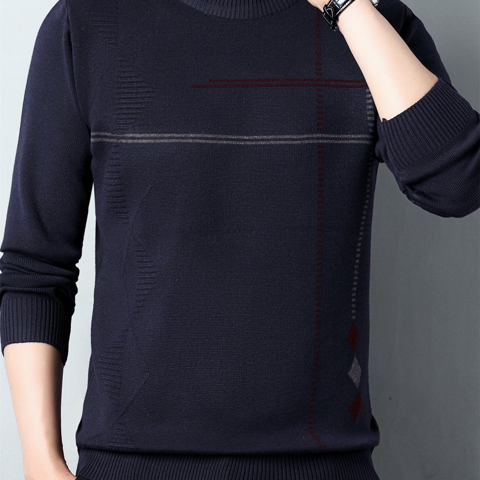 Pull en maille décontracté pour homme col rond 2024 - Taille régulière en polyester avec légère élasticité, motif géométrique pour printemps\u002Fautomne