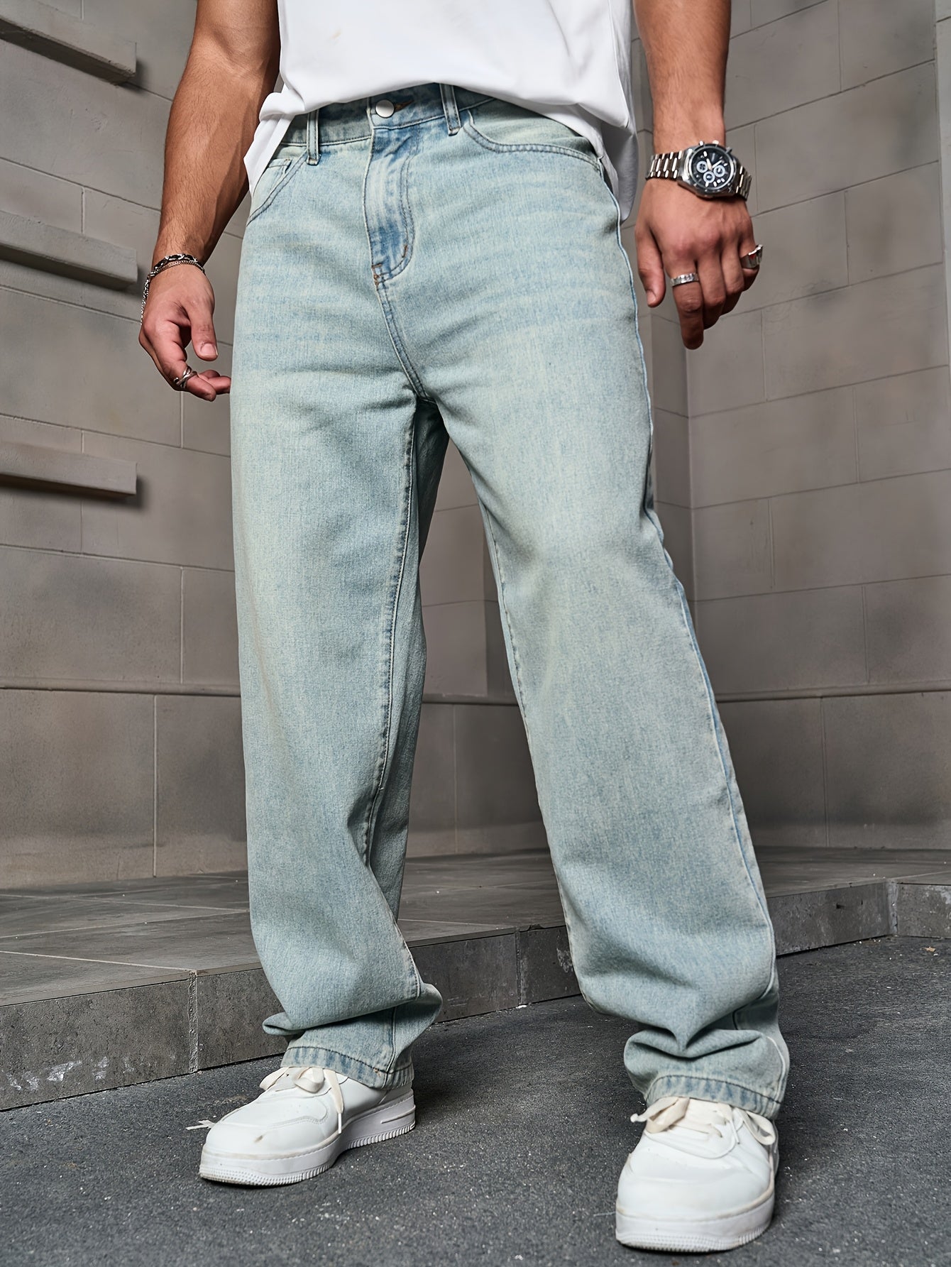 Men'S Fashion Straight Leg Jeans - Light Wash Denim, Non-Stretch Fabric, Regular Fit for All Seasons, Casual Street Style, Classic Whisker Design, Weekend Casual Wear | Classic Straight Leg | Washed Deni