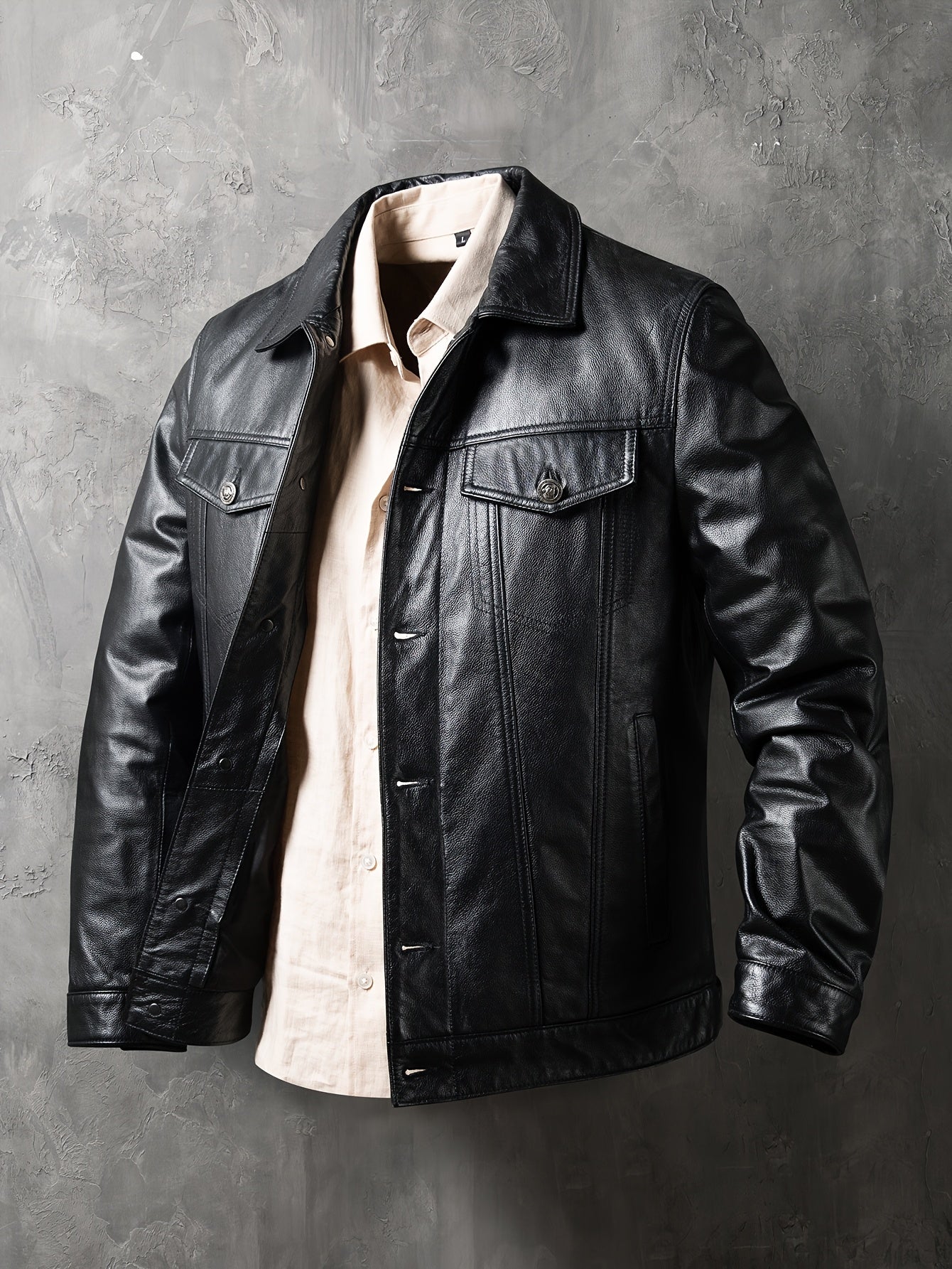 Men's Slim-Fit Jacket - Stylish Short Moto Coat with Pockets, Button-Up Front, Long Sleeves, and Glossy Finish for Casual or Streetwear, Motorcycle Jacket