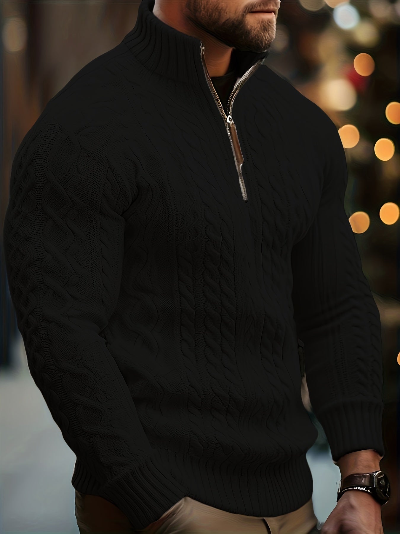 Pull Homme Décontracté Uni - Lavable en Machine, Élasticité Moyenne, Col et Fermeture 1\u002F4 Zip, Coupe Regular pour Automne\u002FHiver, Confort Chaud Quotidien, Encolure Élégante