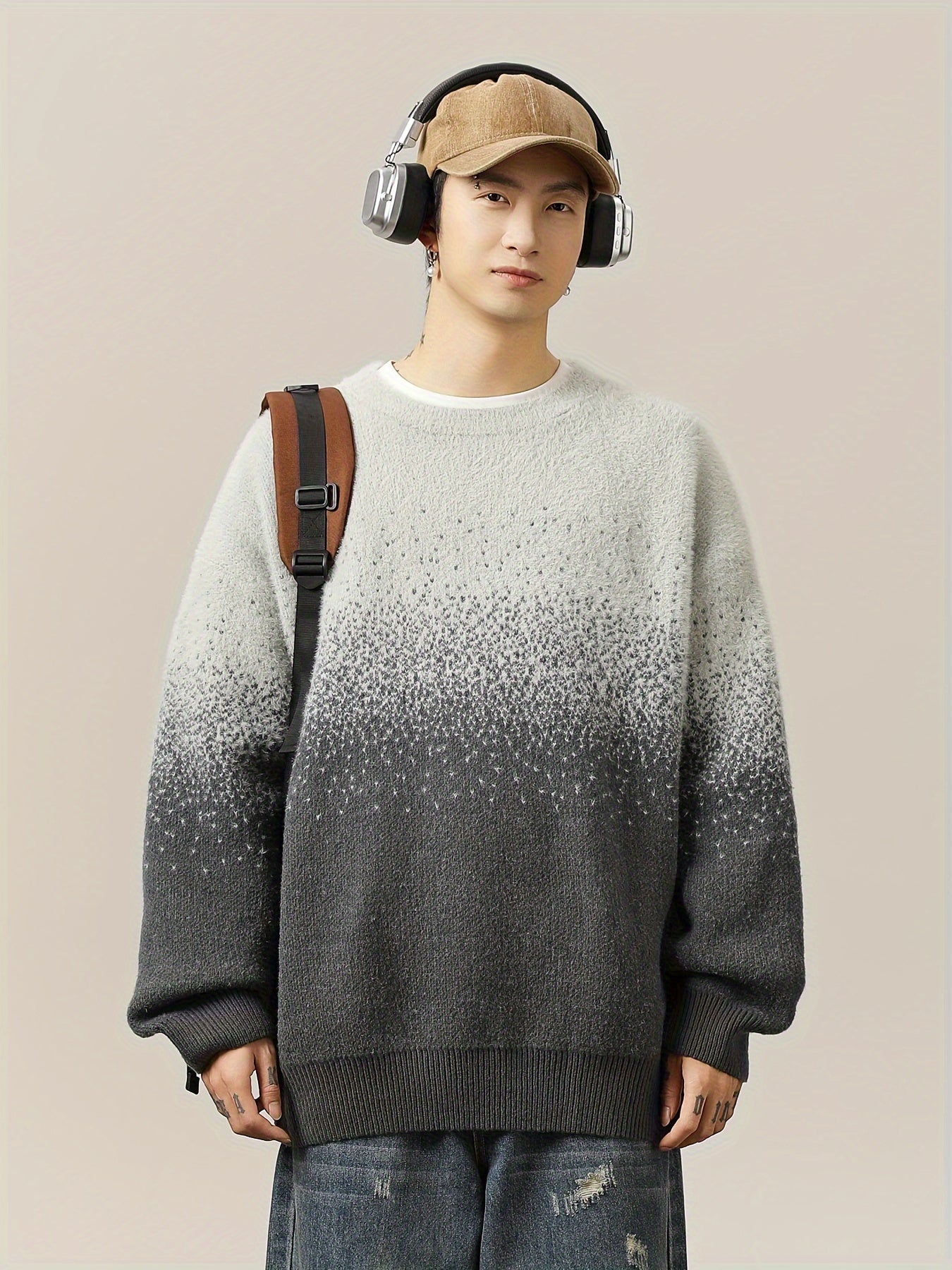 Pull à col rond dégradé casual pour homme - Tissu tricoté 100% polyester avec légère élasticité, modèle décontracté pour l'automne\u002Fhiver - Chaleureux style de rue japonais gradient