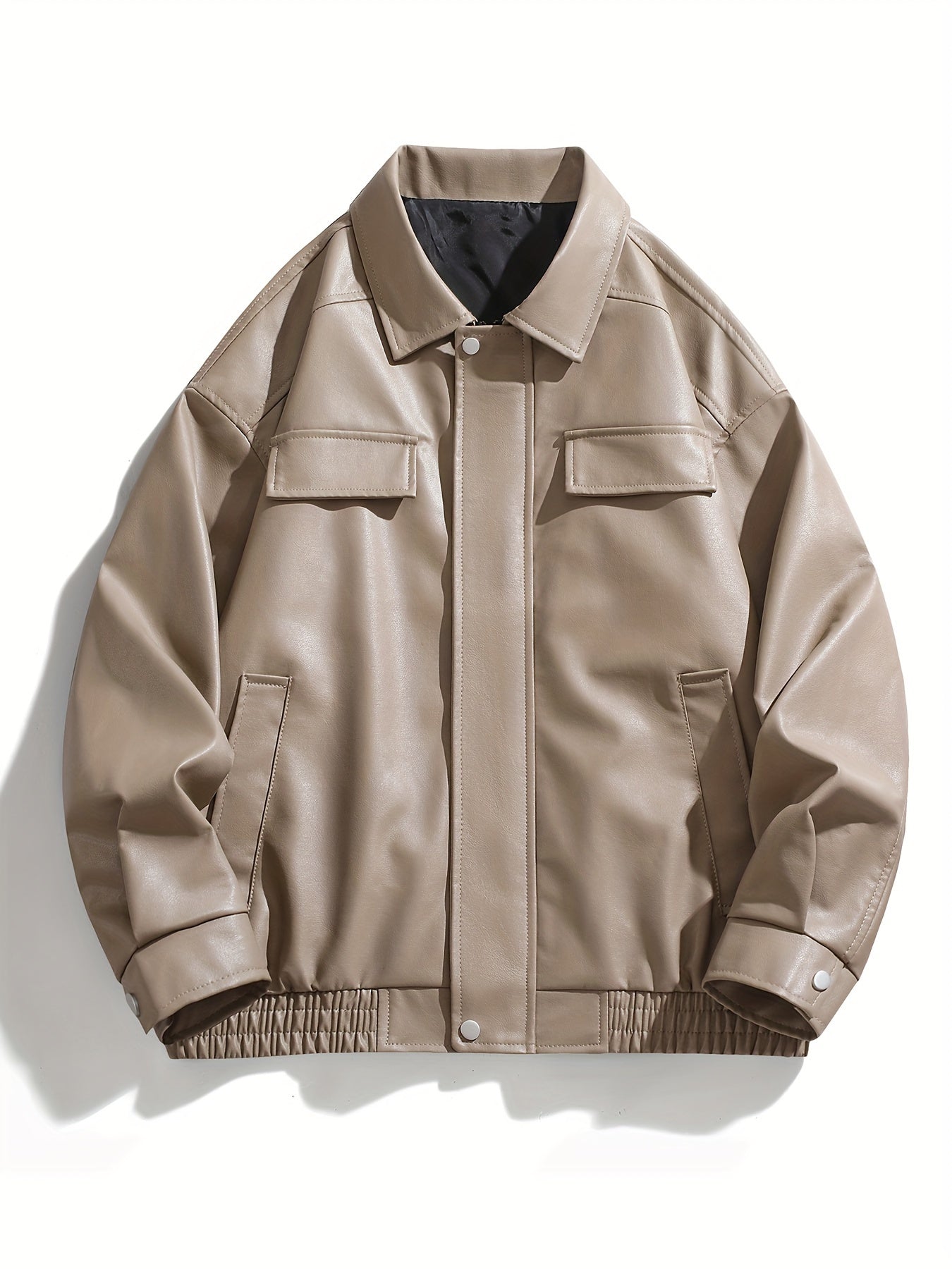 AWESOME BIRD Men's Retro PU Leather Jacket - Casual Street Style, Black Smooth Finish, Long Sleeve with Flap Pockets, Zip-Up Closure, Machine Washable, Polyester Blend