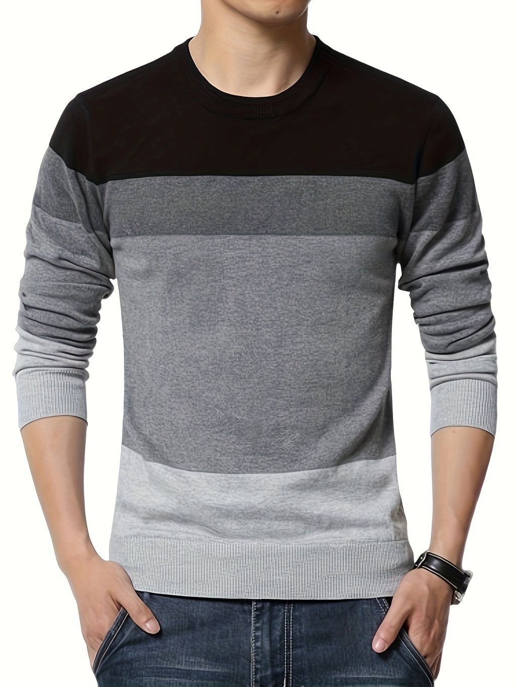 Pullover tricoté en coton 100 % pour homme, col rond ajusté à manches longues décontracté pour l'automne et l'hiver