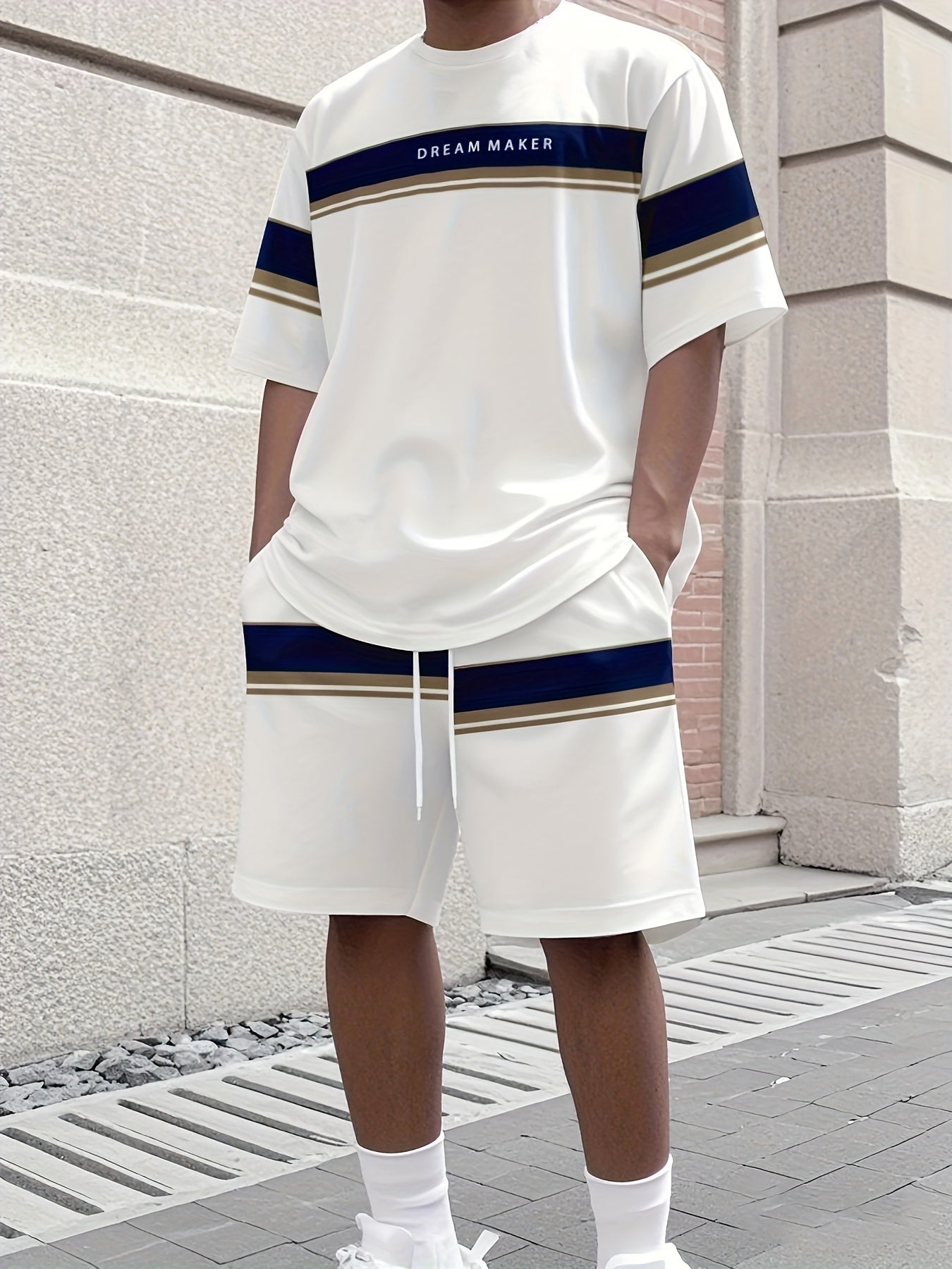 Men'S Athletic T-Shirt & Shorts Set - Navy Blue & White, Drawstring Waist, Sleeveless, Summer Sportswear, Casual Attire|Sporty Look|Comfortable Fi