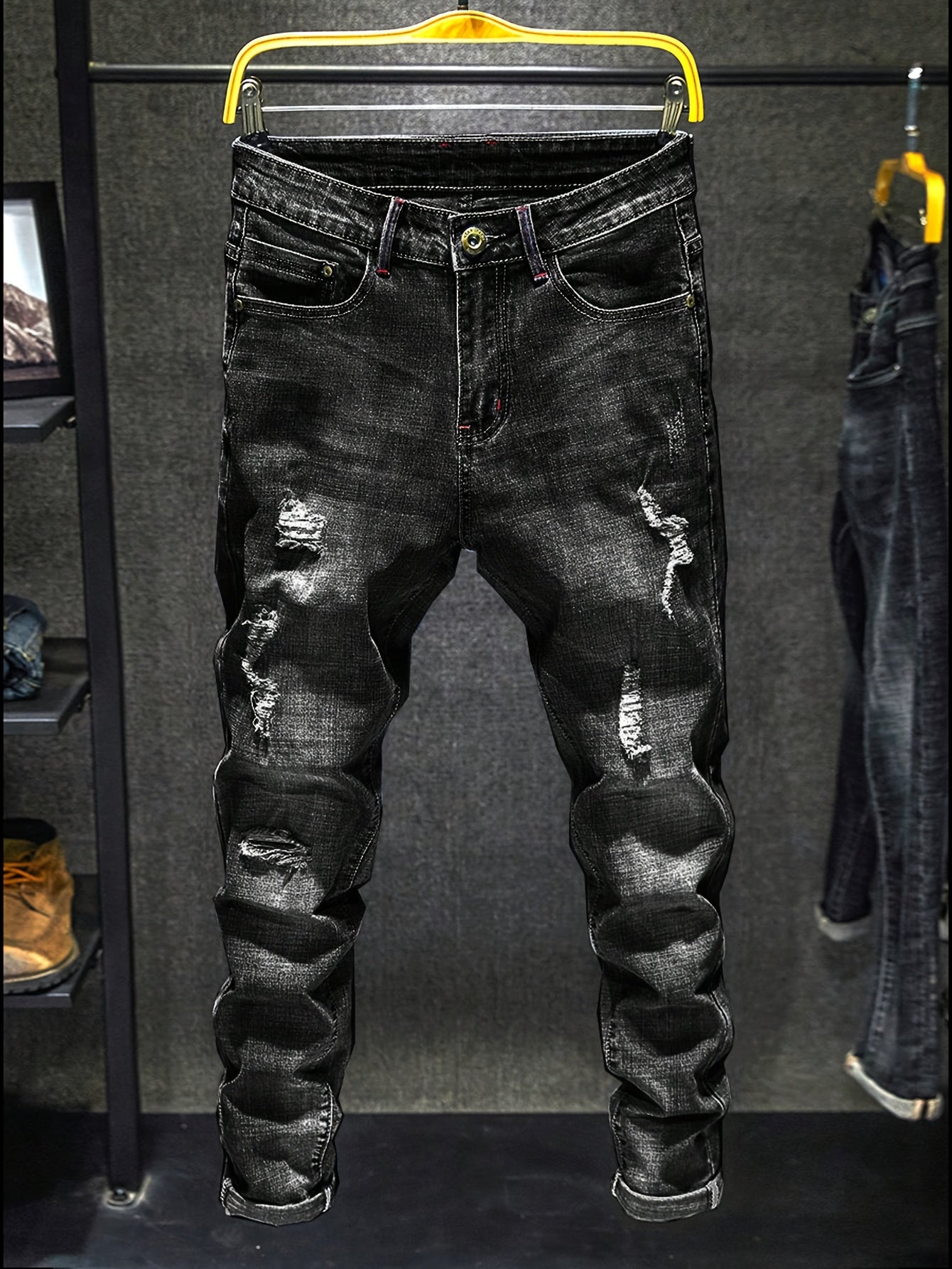 Men's Casual Regular Jeans, Street Style Chic Stretch Denim Pants