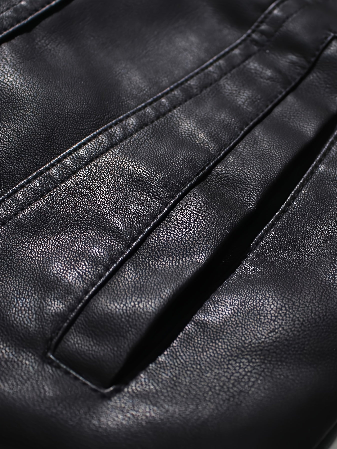 Men's Slim-Fit PU Leather Bomber Jacket with Zipper Closure, Adjustable Stand-Up Collar & Pockets - Black Casual Motorcycle Coat for Autumn Winter, Casual Attire | Durable Outerwear