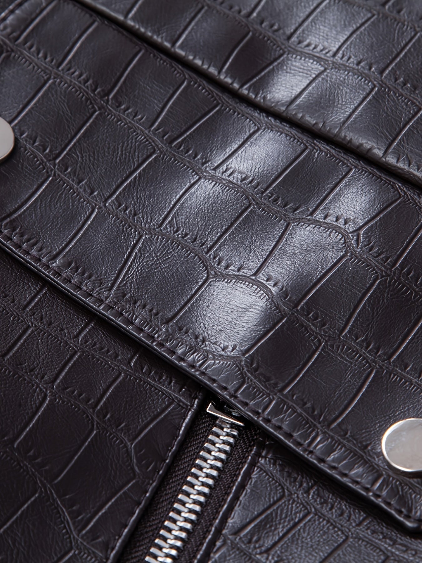 Men's Stylish Black PU Leather Jacket with Zipper Design, Baseball Collar & Crocodile Texture - Perfect for Casual Outings & Outdoor Adventures