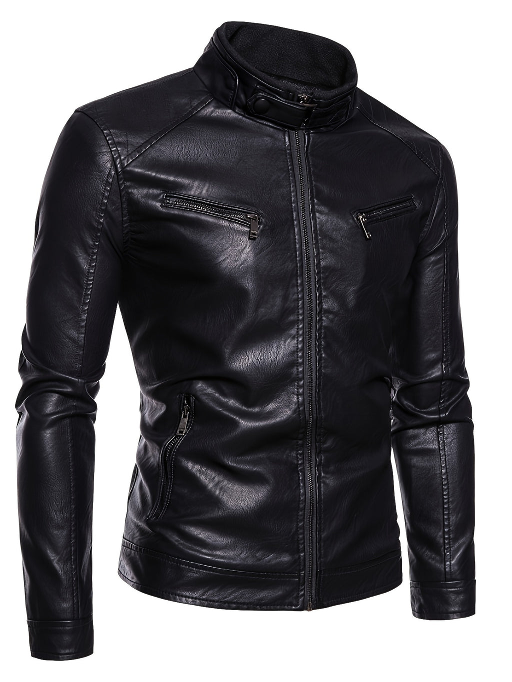 Men's Black PU Leather Jacket - Stylish Stand Collar Moto Biker Outerwear with Zipper & Multiple Pockets, Casual Fall\u002FWinter Fashion, Winter Jacket | Fashion Forward Leatherwear | PU Leather Look, Motorcycle Riding Gear