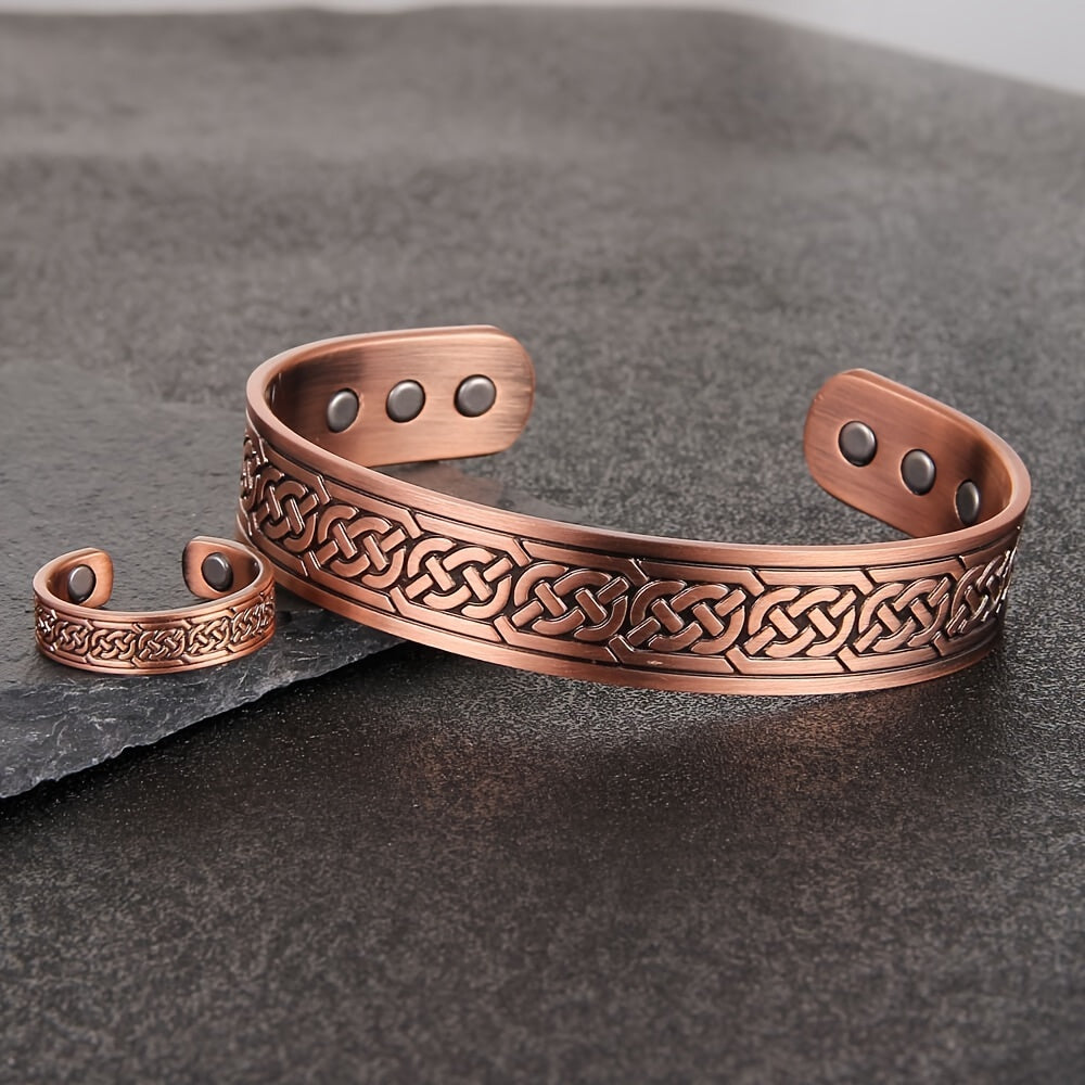 2Pcs Magnetic Copper Bracelet and Ring Set for Men, Adjustable Celtic Design, Natural Anti-Inflammatory Jewelry, Ideal for Christmas Gifts