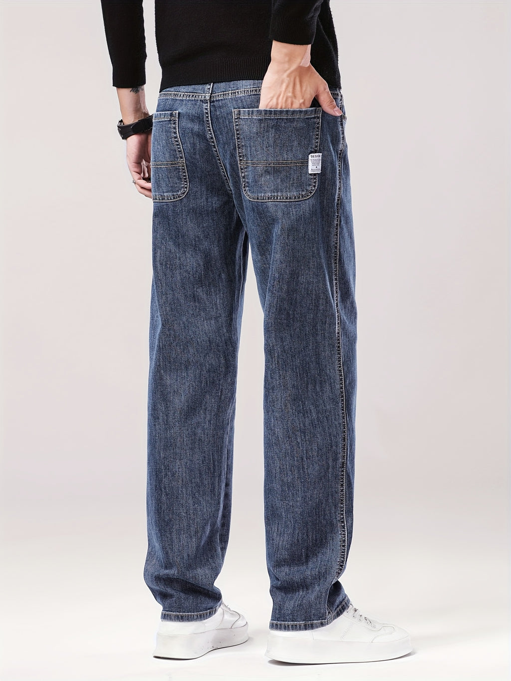 Men'S Classic Straight-Leg Jeans - Stretch Denim, Loose Fit, Breathable & Durable, Black with Brown & White Denim Pants for Casual or Business Wear