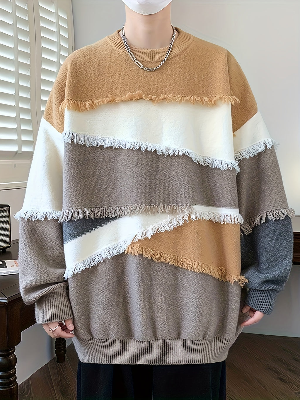 Pullover tricoté effiloché à blocs de couleurs pour hommes, pull décontracté à col rond à manches longues et haute élasticité pour l'automne et l'hiver