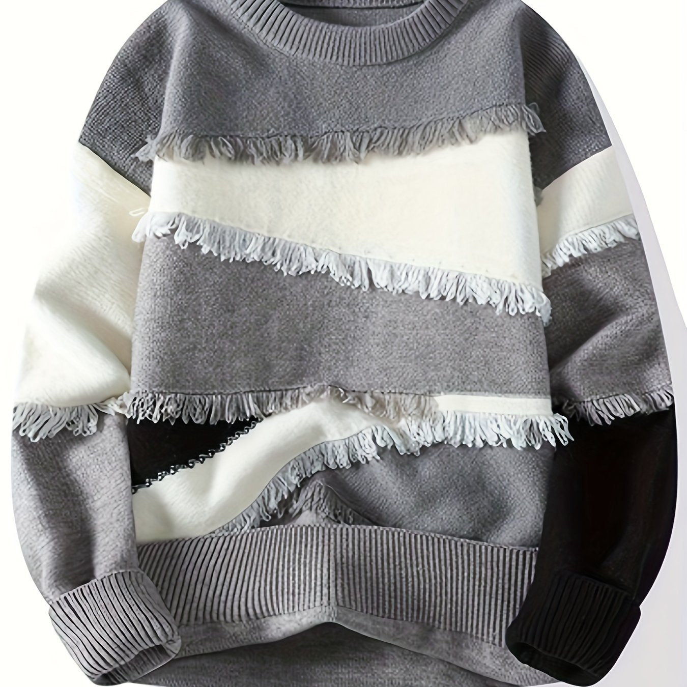 Pullover tricoté effiloché à blocs de couleurs pour hommes, pull décontracté à col rond à manches longues et haute élasticité pour l'automne et l'hiver