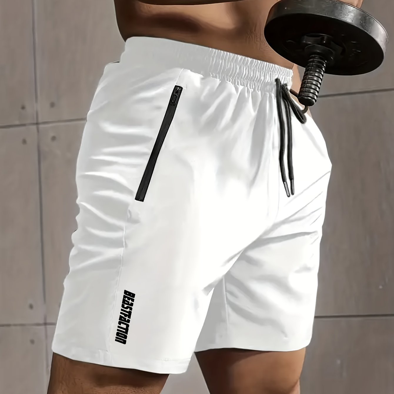 Men's Solid Shorts With Zipper Pockets, Active Elastic Waist Drawstring Shorts For Summer Outdoor Fitness