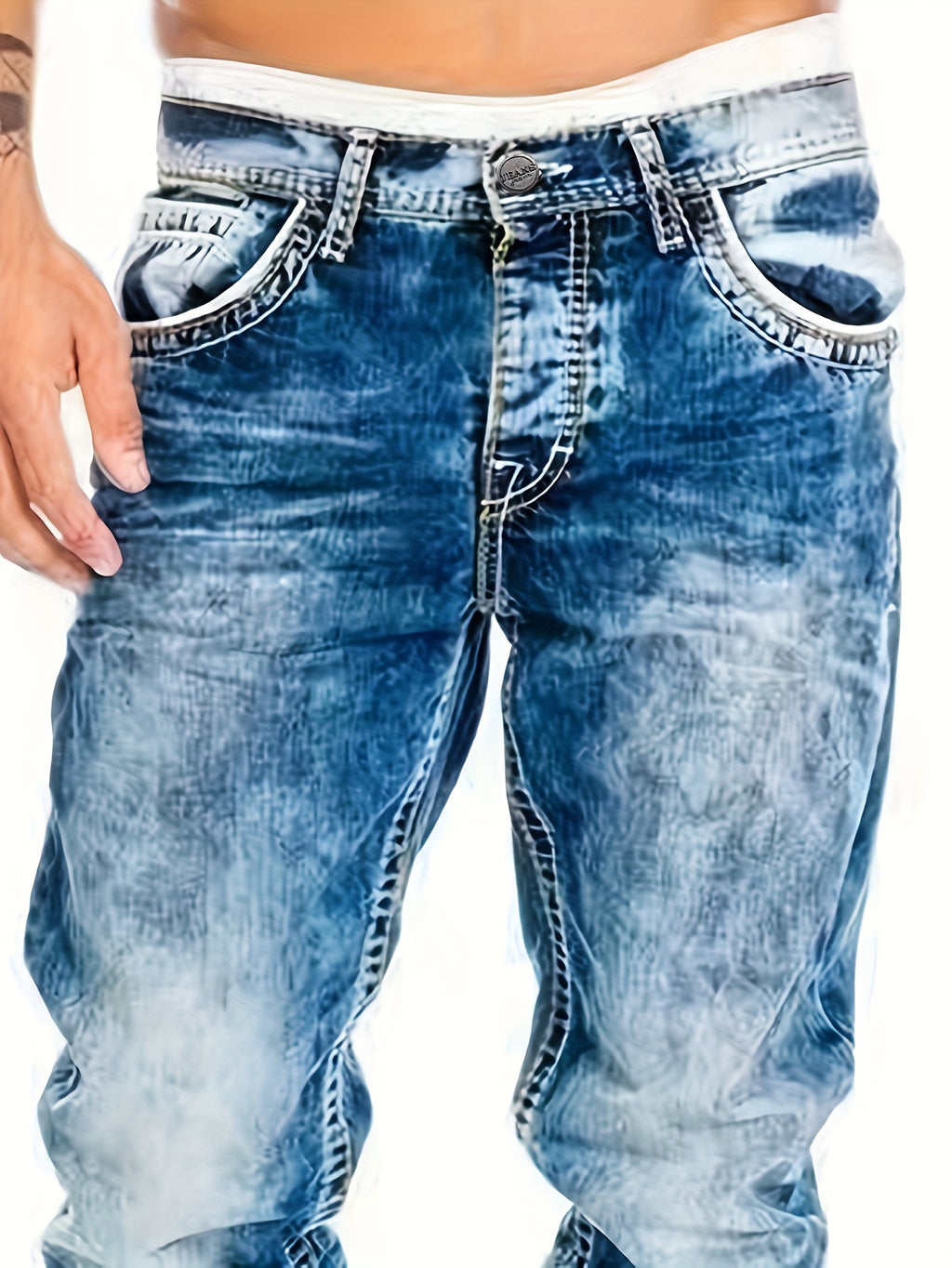 Men's Slim-Fit Straight-Leg Distressed American Snowflake Jeans - Streetwear Style Blue Denim Pants with Vintage Wash, All-Season Casual Wear, Everyday Fashion | Durable Fabric