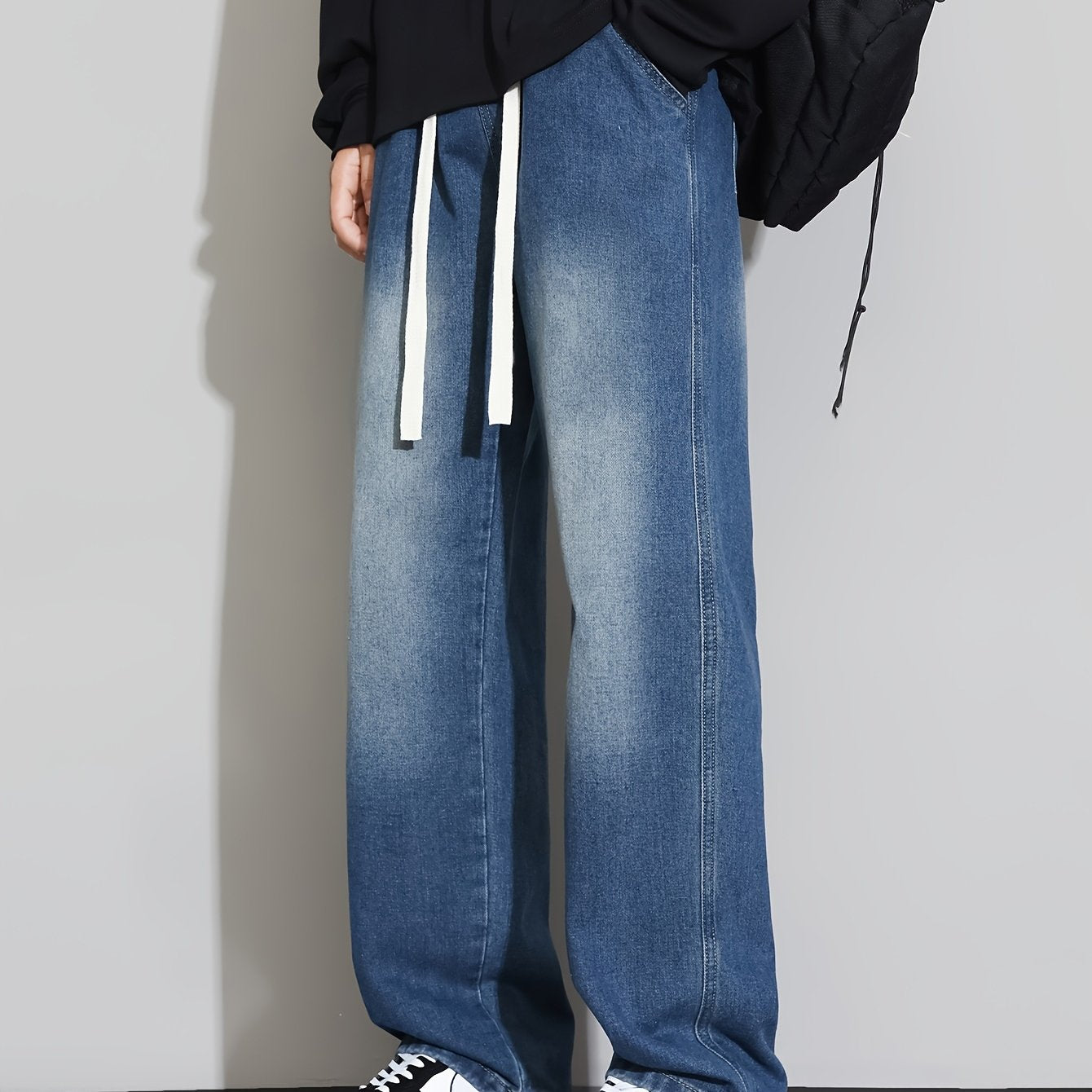 Men's Relaxed Fit Straight-Leg Jeans with Elastic Waistband - Casual & Trendy Denim Pants for All Seasons, Black Cotton Blend, Adjustable Drawstrings, Loose Fit for Casual Attire