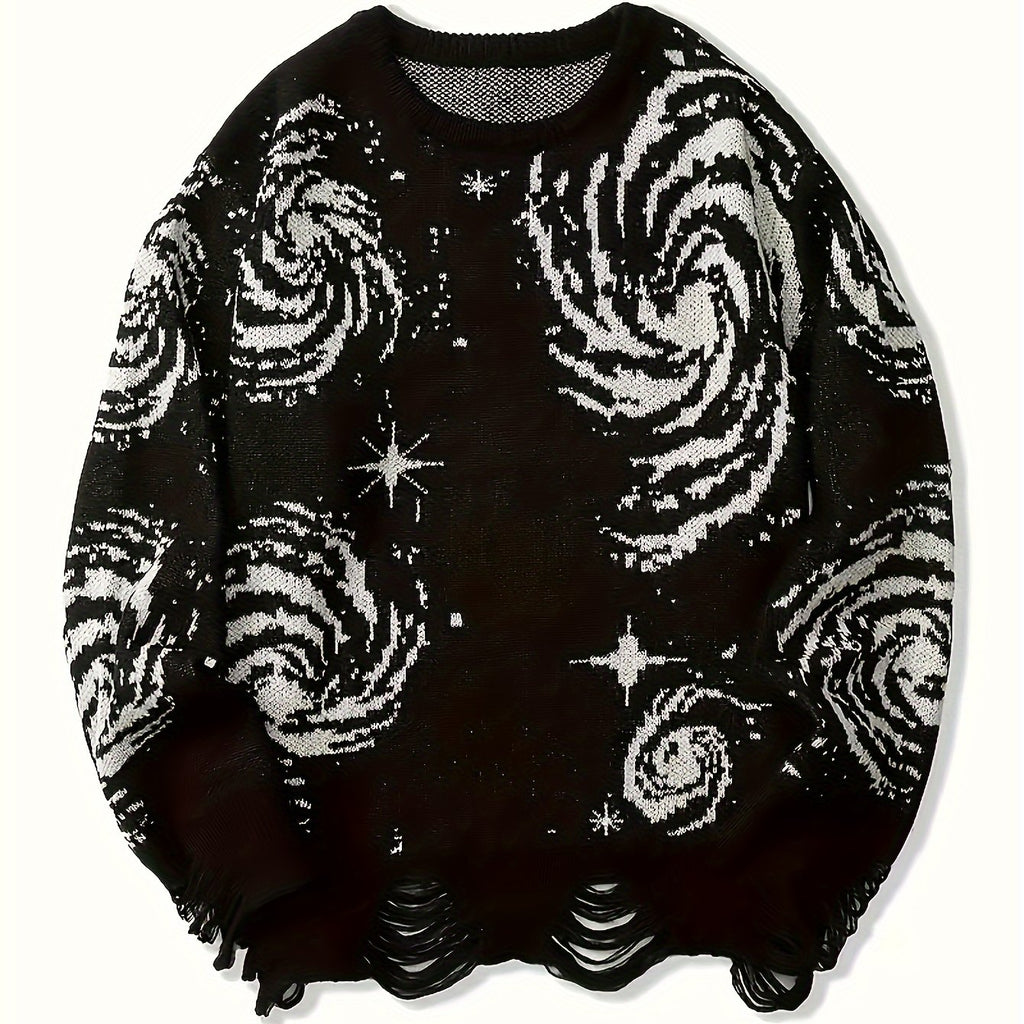 Pull-over Décontracté Homme Grande Taille Col Rond Tricoté Motif Ciel Étoilé à Ourlet Effet Détaché avec Franges, Univers en Stretch Chaud - PLUS SIZE