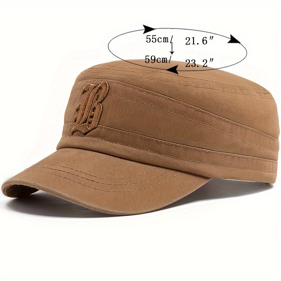 Men'S Embroidered Casual Flat Cap, 100% Polyester, Vintage Style, Solid Color, Soft Fabric, Non-Stretch, with Adjustable for Spring and Autumn