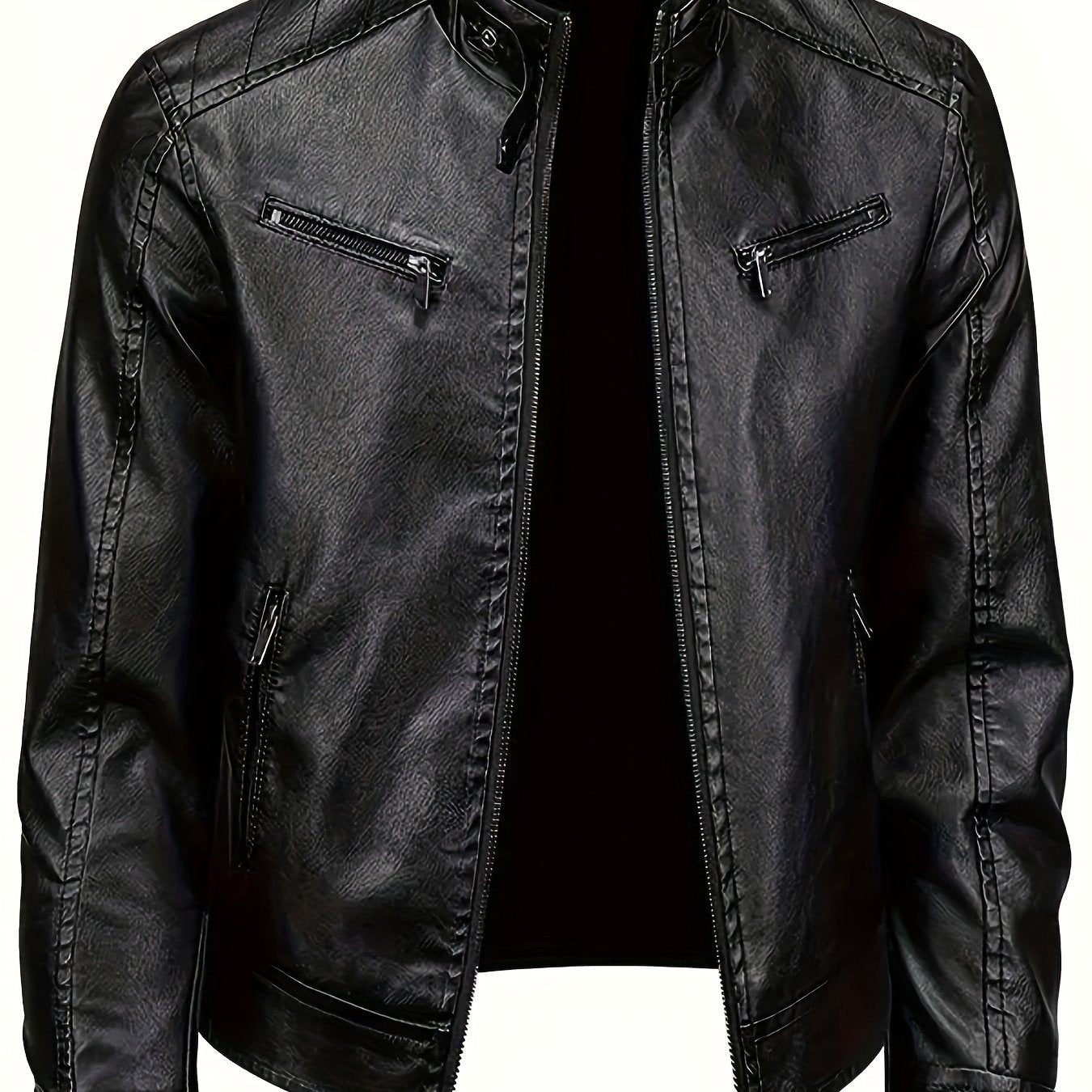 Men's Black PU Leather Jacket - Stylish Stand Collar Moto Biker Outerwear with Zipper & Multiple Pockets, Casual Fall\u002FWinter Fashion, Winter Jacket | Fashion Forward Leatherwear | PU Leather Look, Motorcycle Riding Gear