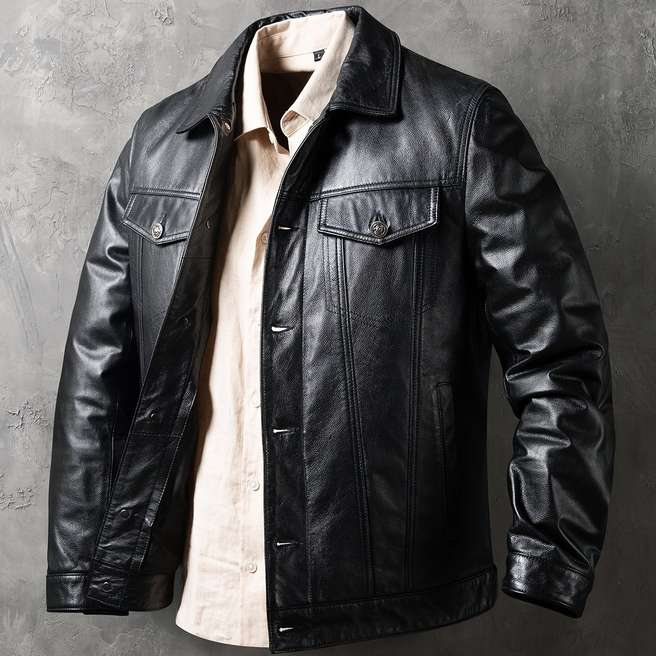 Men's Slim-Fit Jacket - Stylish Short Moto Coat with Pockets, Button-Up Front, Long Sleeves, and Glossy Finish for Casual or Streetwear, Motorcycle Jacket