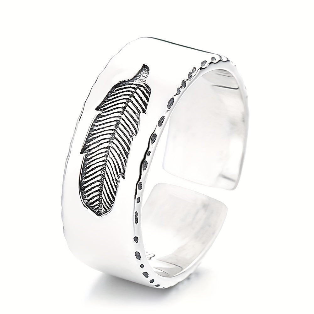 1PCS925 Sterling Silver Low Sensitivity Wide Edition Heavy Work Texture Feather Imprint Open Ring Hip Hop Retro Style For Rock Party Bundy Men's Women's Universal Couple Ring (about 5.6g)