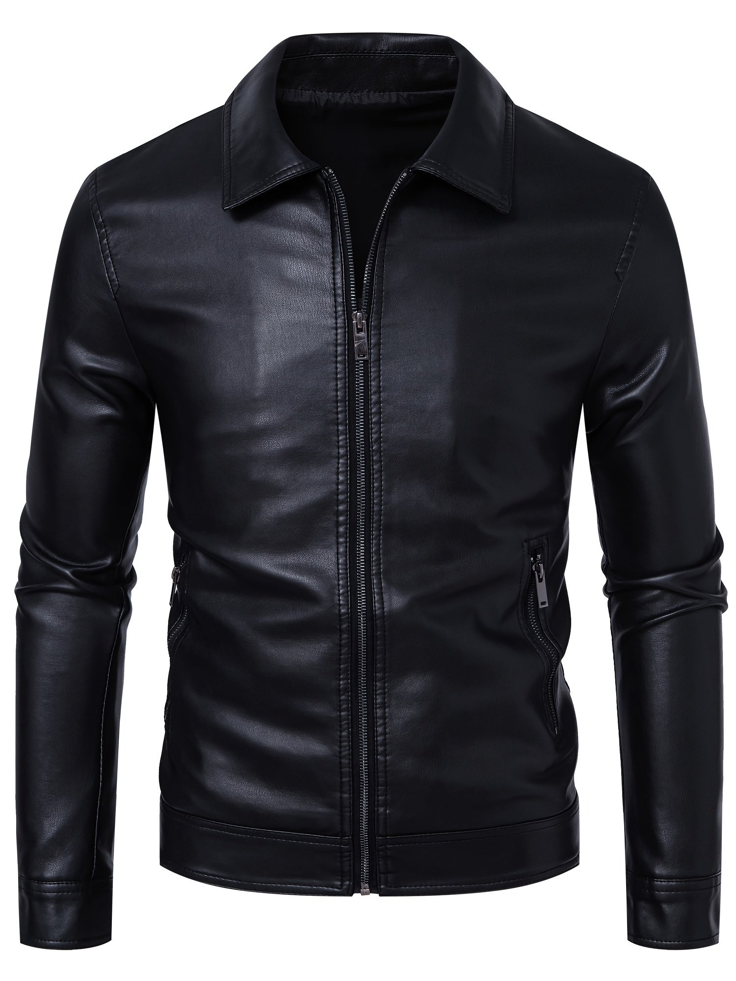 Men's Slim-Fit PU Leather Jacket with Stand-Up Collar - Black Softshell Zipper Front Casual Streetwear Coat, High-Quality Polyester Lining for Autumn Winter
