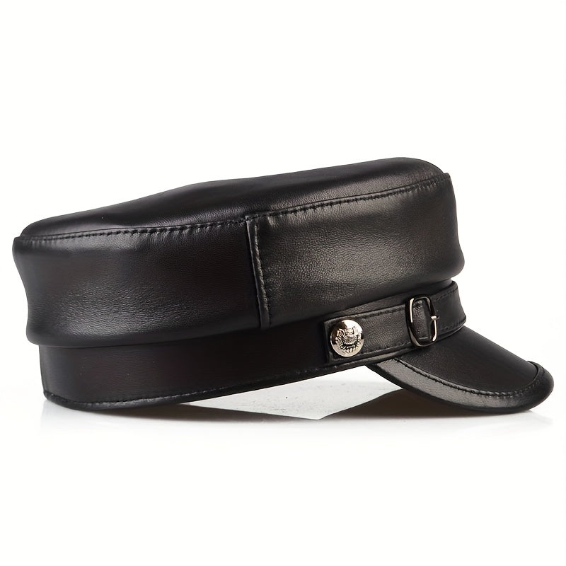 Men's genuine leather sheepskin flat top hat, retro British style, high-quality leather, suitable for all seasons