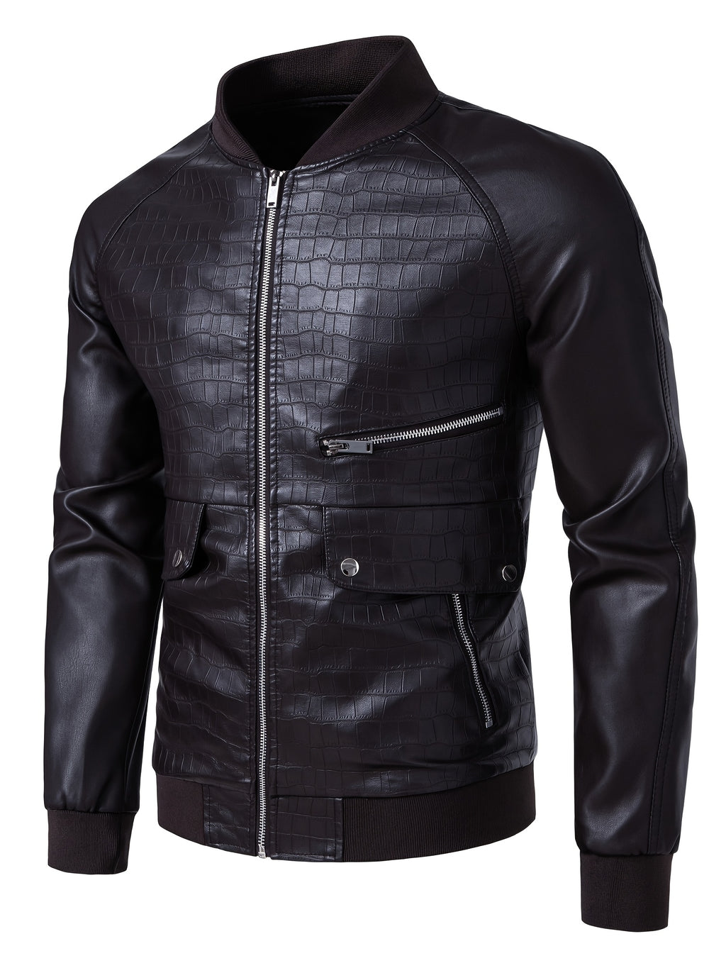 Men's Stylish Black PU Leather Jacket with Zipper Design, Baseball Collar & Crocodile Texture - Perfect for Casual Outings & Outdoor Adventures