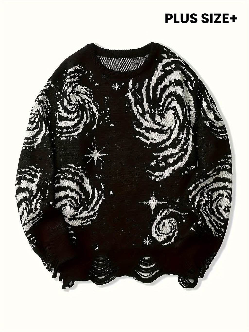 Pull-over Décontracté Homme Grande Taille Col Rond Tricoté Motif Ciel Étoilé à Ourlet Effet Détaché avec Franges, Univers en Stretch Chaud - PLUS SIZE