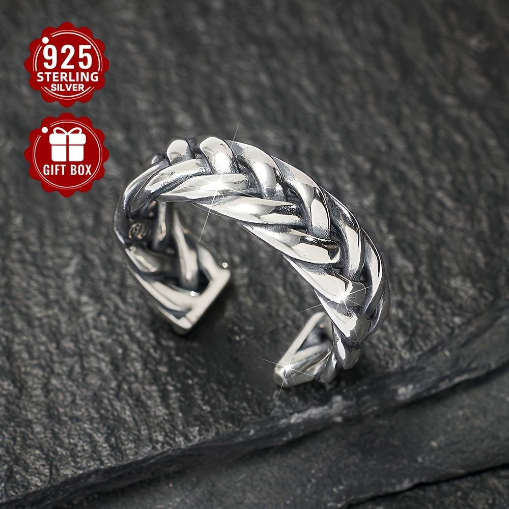 1PC 925 Sterling Silver Vintage Couple Braided Rope Ring Aged Geometric Open Ring For Men And Women Holiday Birthday Anniversary Gift (about 4.49g)