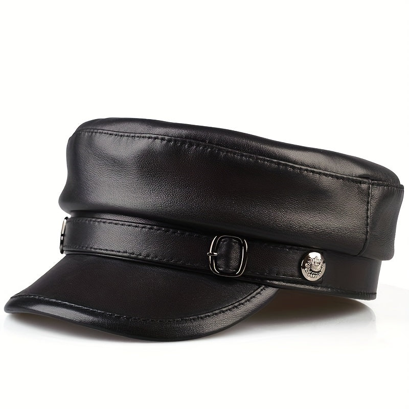 Men's genuine leather sheepskin flat top hat, retro British style, high-quality leather, suitable for all seasons