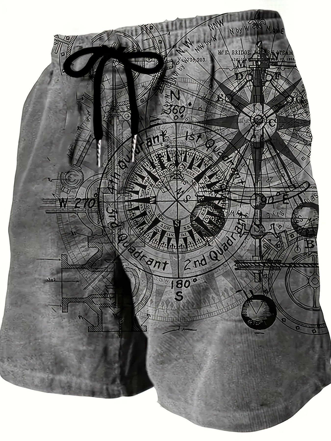 Men's Vintage Nautical Quick-Dry Shorts - Compass & Sailing Charts Design, Ideal for Summer Water Sports, Beach, and Surfing, Lightweight Polyester Fabric with Drawstring Waist