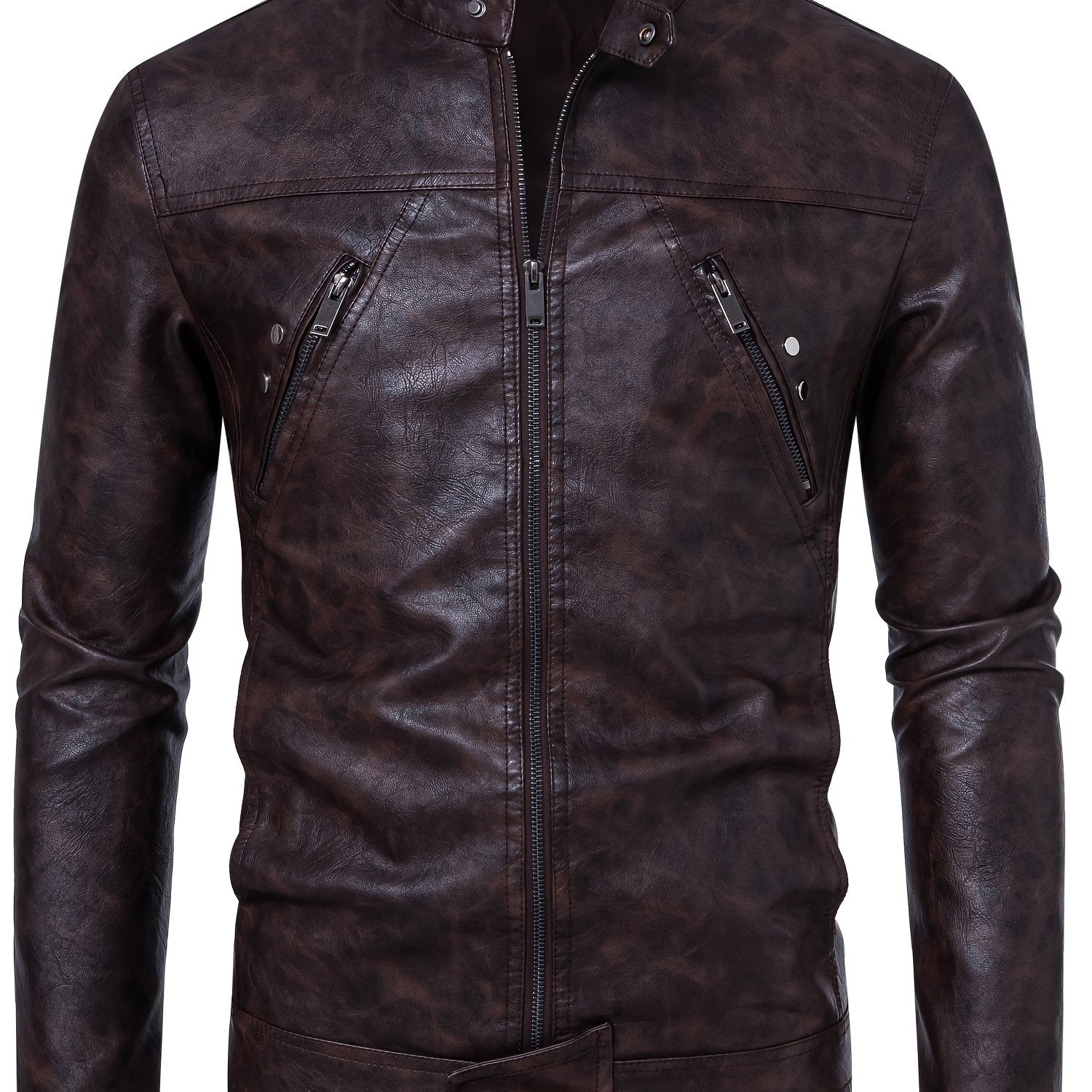 Men'S Casual Stand Collar Zipper Faux Leather Jacket, Fashion Motorcycle Style, Suitable for Street Outdoor And Riding Wear