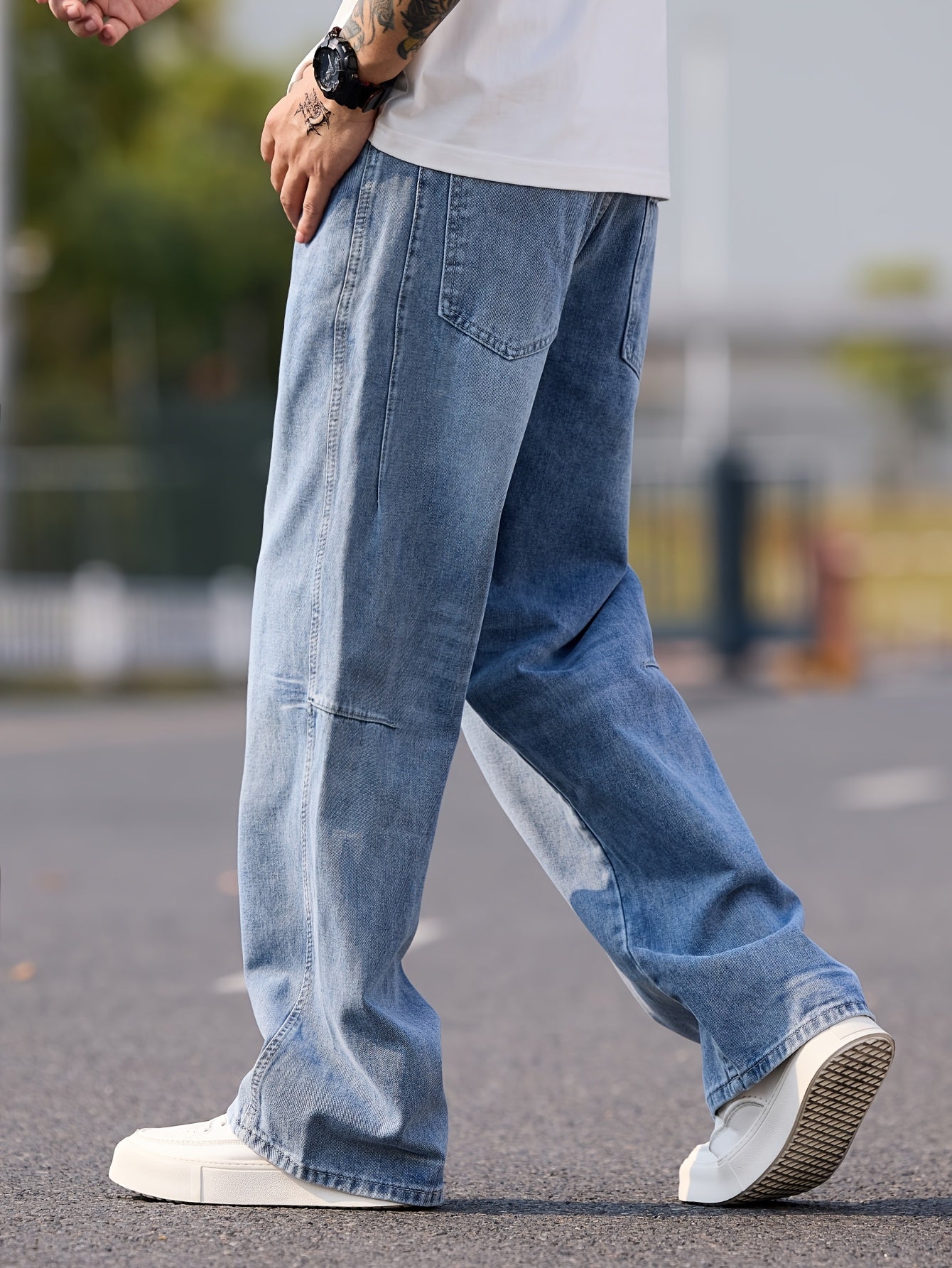 American High Street Deconstructed Stitching Design Loose Jeans, Vintage Wash Wide Leg Pants, Suitable for Men and Women (Without Belt\u002FWithout Accessories)