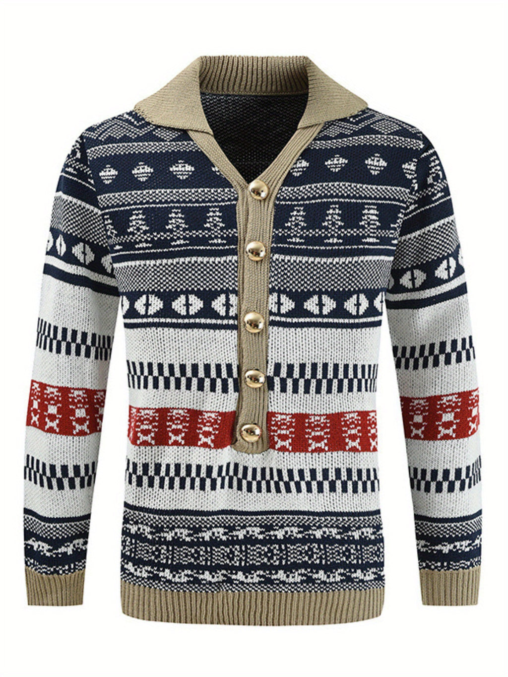 Pull à manches longues décontracté pour homme - Bleu marine avec motif de vacances, coupe ample, col rond, mélange de polyester, vêtements d'automne et d'hiver, pull de vacances | Cardigan à motif | Mélange de polyester, tricot