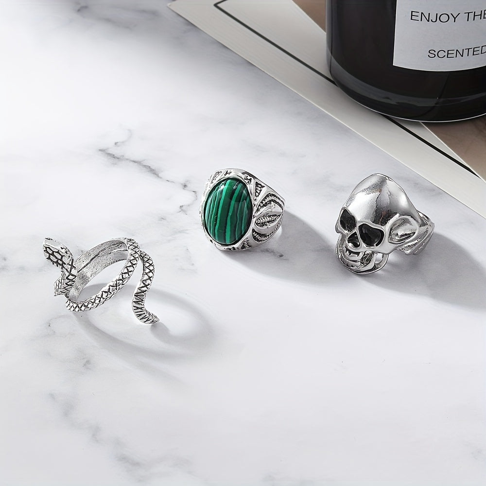 24pcs Silvery Vintage Men's Ring Set with Skull and Heart Snake Gothic Style Rings