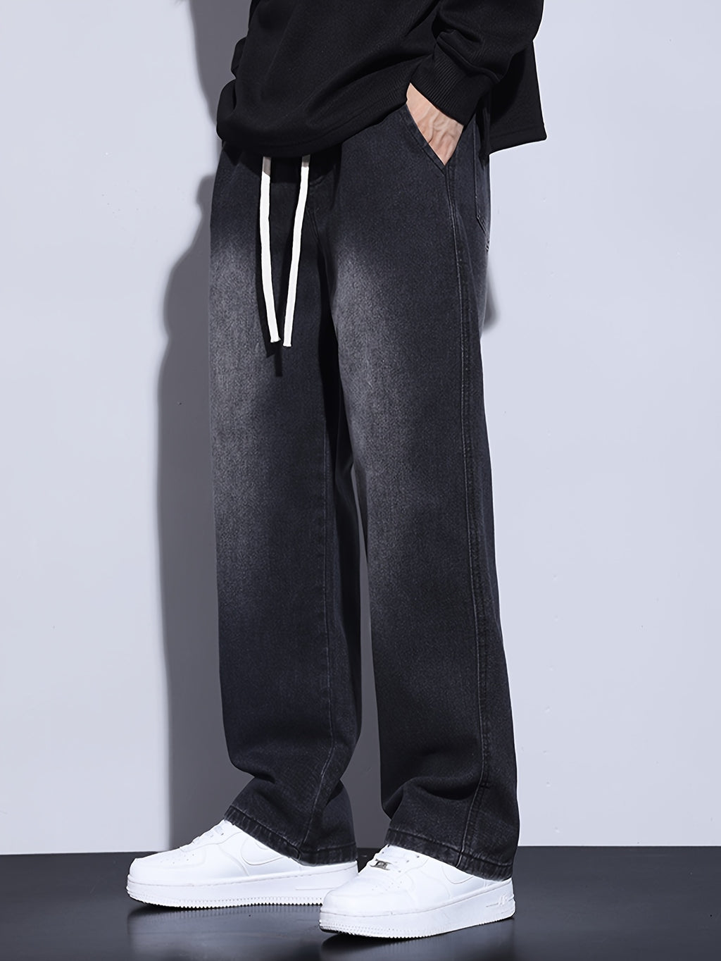 Men's Relaxed Fit Straight-Leg Jeans with Elastic Waistband - Casual & Trendy Denim Pants for All Seasons, Black Cotton Blend, Adjustable Drawstrings, Loose Fit for Casual Attire