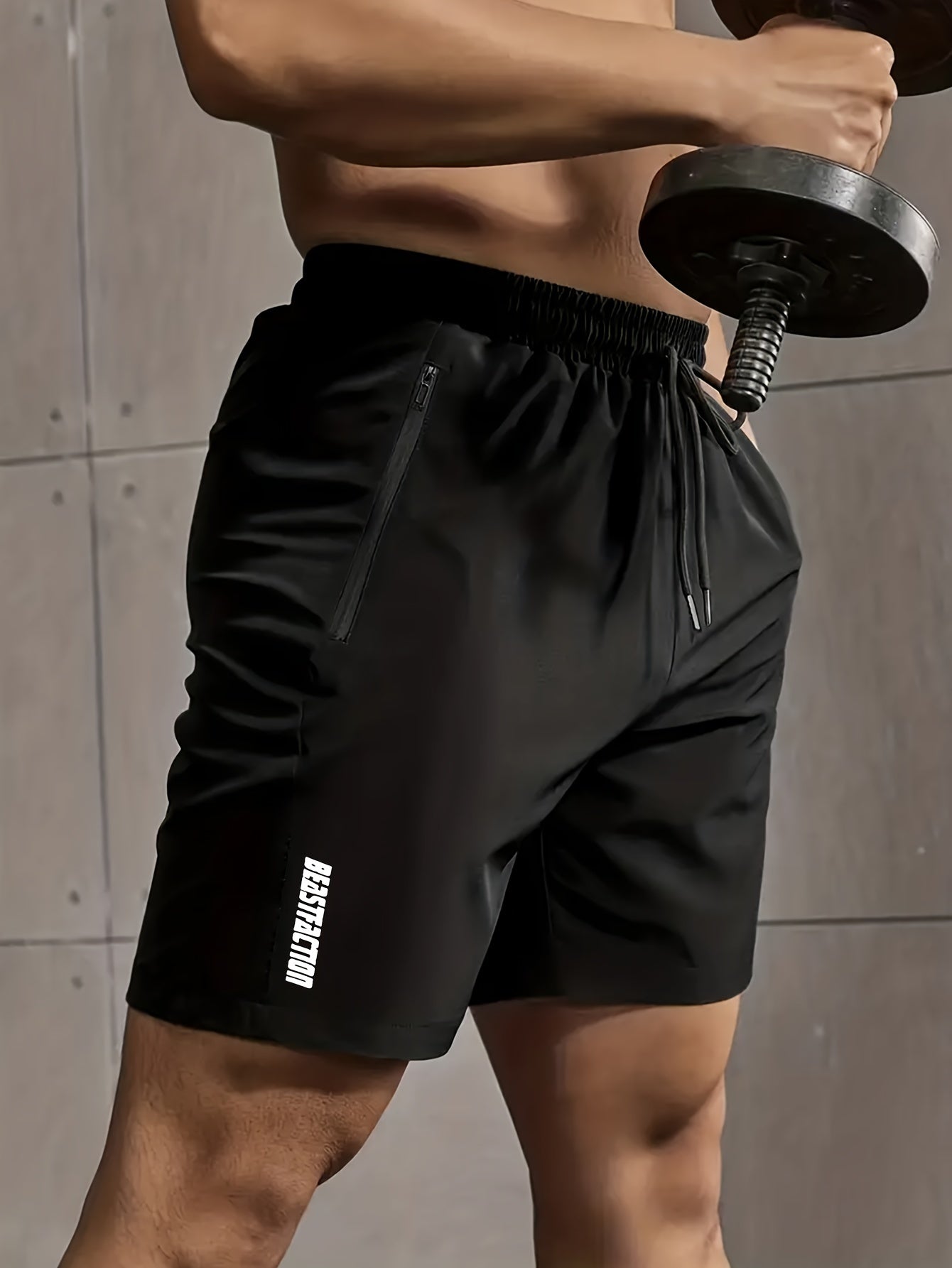 Men's Solid Shorts With Zipper Pockets, Active Elastic Waist Drawstring Shorts For Summer Outdoor Fitness