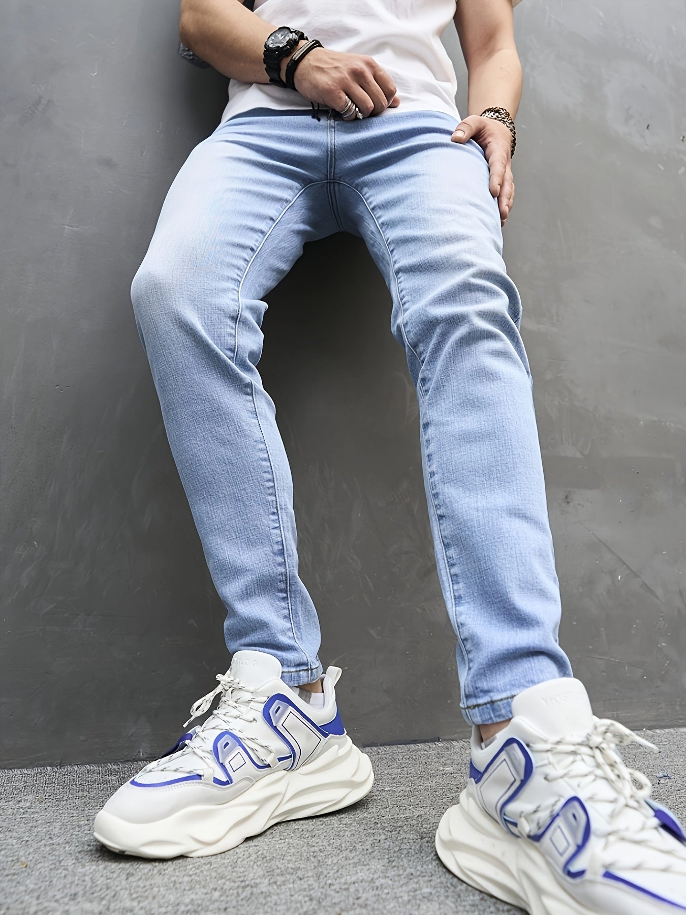 Men'S Slim Fit Stretch Denim Jeans - Light Blue Casual Slimming Pants, Raw Wash Solid Color, Mid-Rise, All-Season Wear, Comfortable & Stylish for Casual Attire