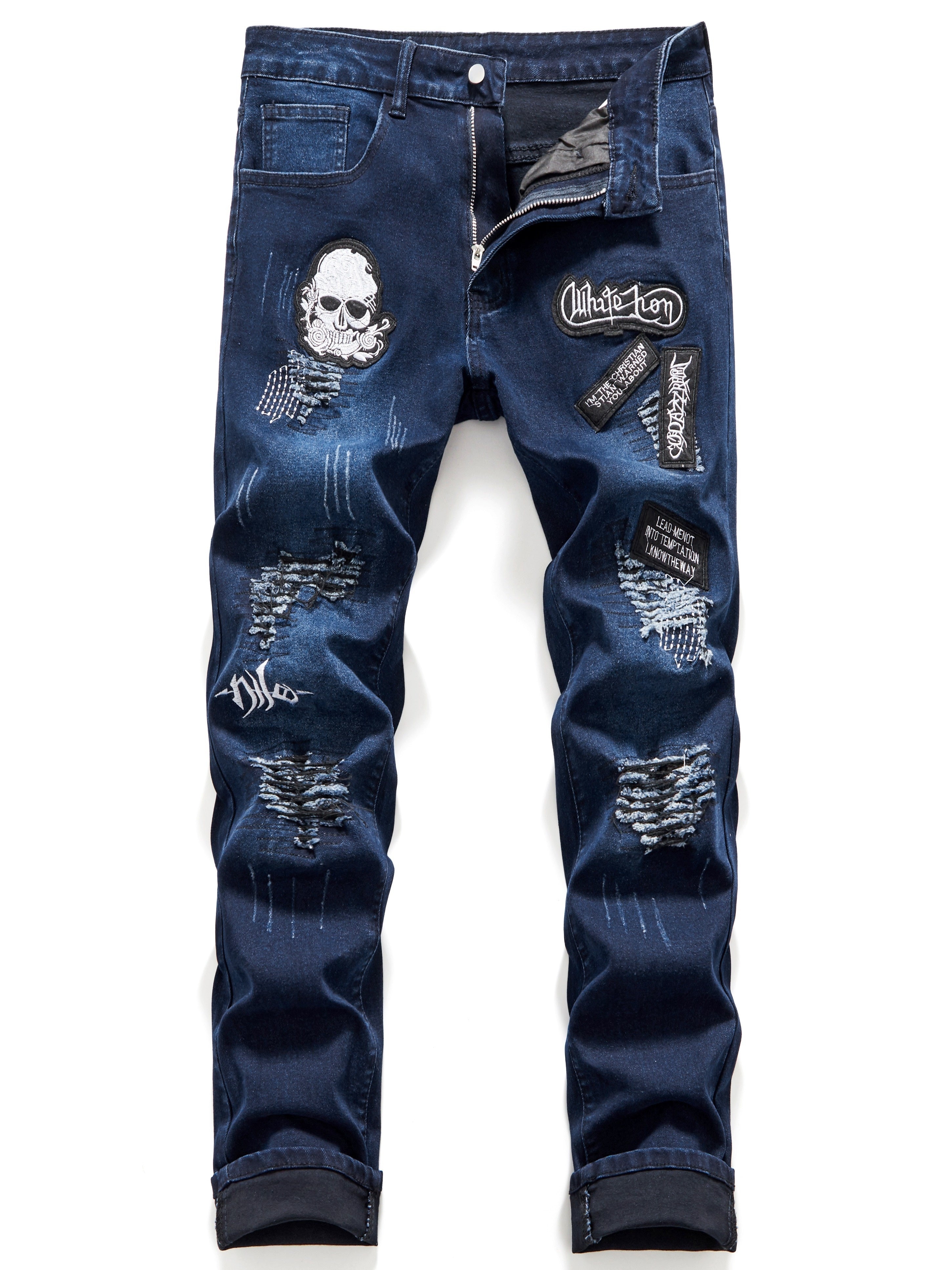 Men's Halloween Patchwork Jeans, Casual Street Style Medium Stretch Denim Pants