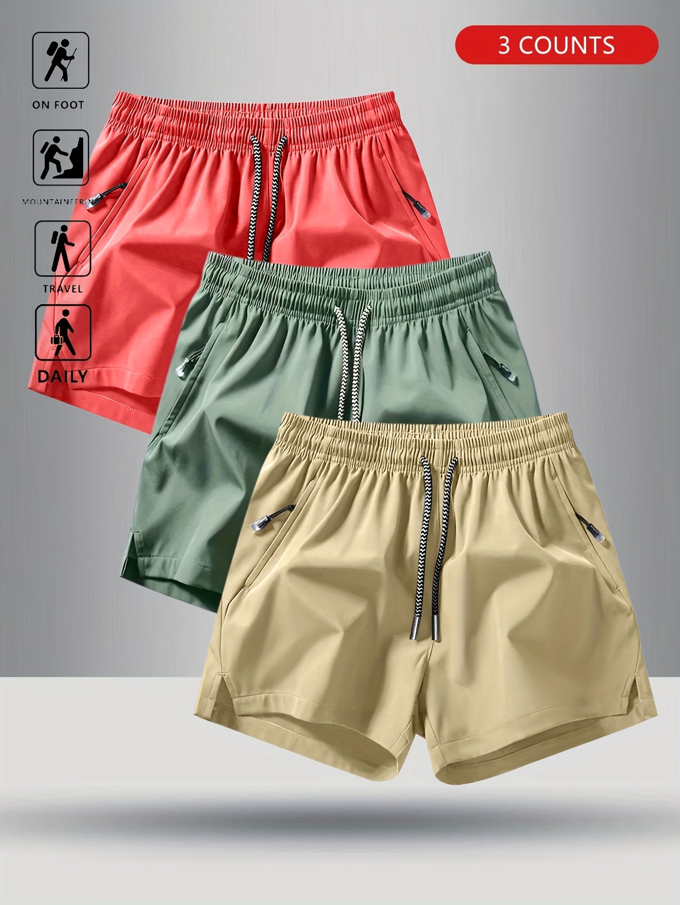 3pcs OBM Men's Moisture-Wicking Lightweight Athletic Shorts with Adjustable Drawstring Waist & Zipper Pocket - Breathable Quick-Dry Gym Running Training Shorts for Summer, Beach, Outdoor Activities (Teal, Burgundy, Navy)