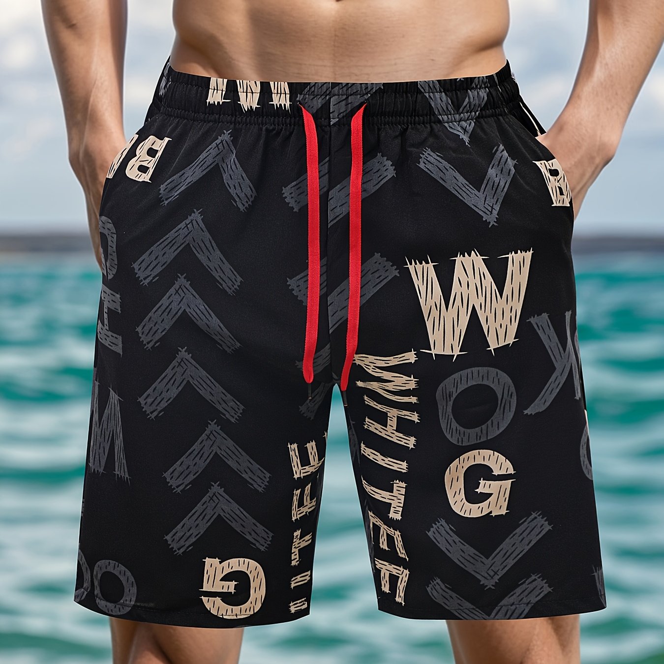 Men'S Quick-Dry Athletic Shorts - Breathable, Stretchy Polyester & Spandex Blend, Letter Print Pattern, Casual Loose Fit for Beach, Running, Cycling, Hiking, Swimming | Woven Fabric, 115g\u002Fm², Spring\u002FSummer\u002FFall