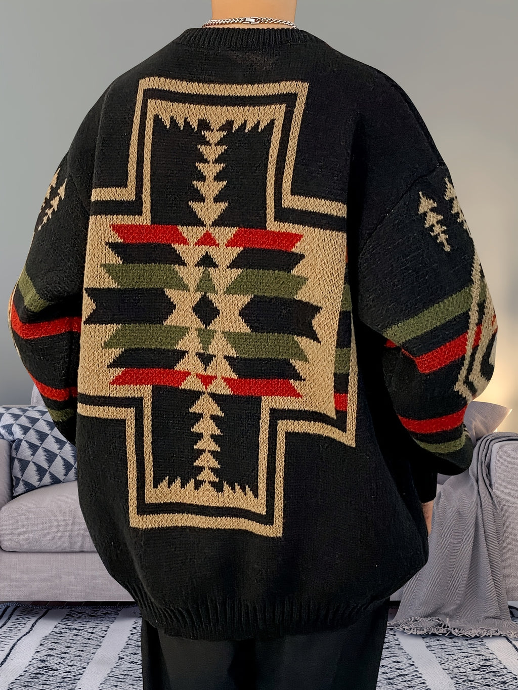 Pull YOUYUCHEN pour Hommes Grande Taille à Motif Géométrique en Tricot - Pull Décontracté Doux et Extensible, Coupe Relâchée avec Col Rond Manches Longues Confort Toutes Saisons, Matière Douce et Confortable, GRANDE TAILLE