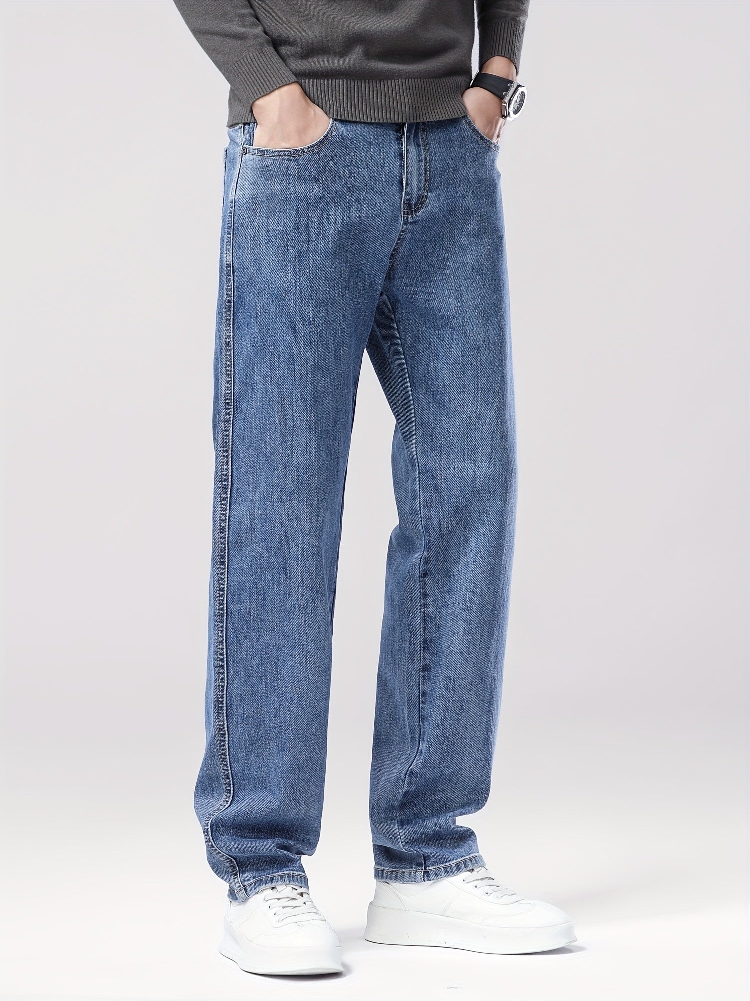 Men'S Classic Straight-Leg Jeans - Stretch Denim, Loose Fit, Breathable & Durable, Black with Brown & White Denim Pants for Casual or Business Wear