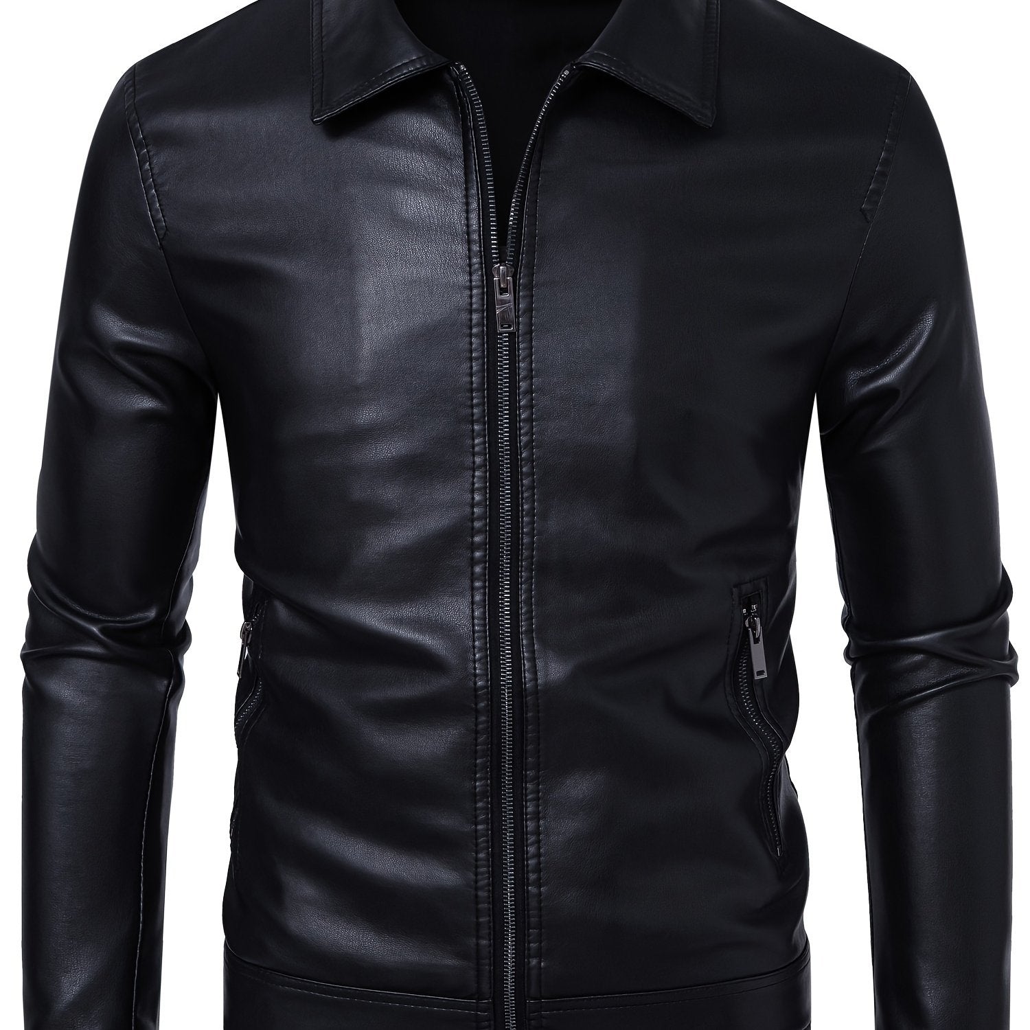 Men's Slim-Fit PU Leather Jacket with Stand-Up Collar - Black Softshell Zipper Front Casual Streetwear Coat, High-Quality Polyester Lining for Autumn Winter