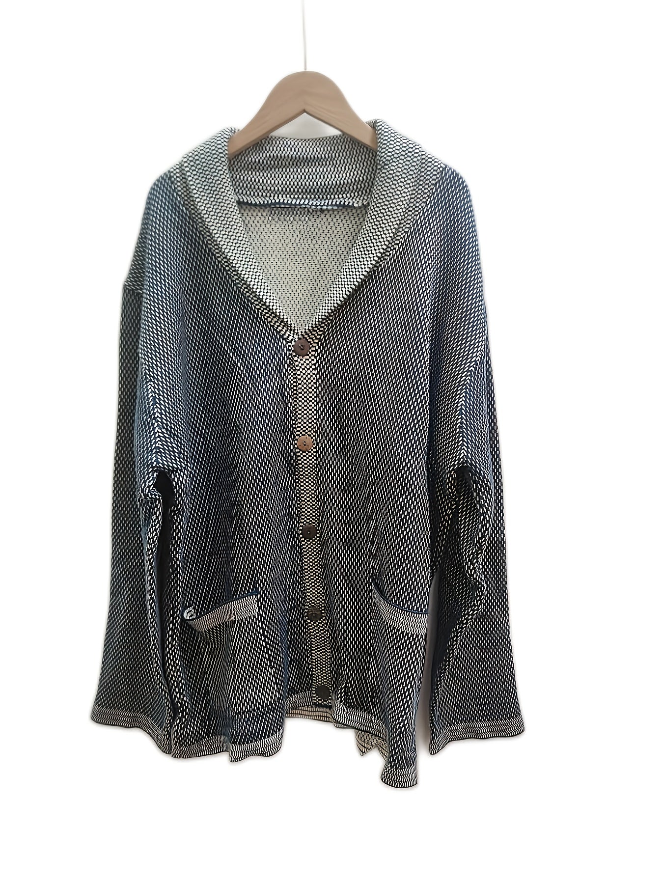 1pc Cardigan Jacquard Décontracté pour Homme - Pull à Capuche et Col en Polyester avec Poches 3D, Couleur Unie, Extensible Moyen, Coupe Régulière pour Automne\u002FHiver, Grande Taille