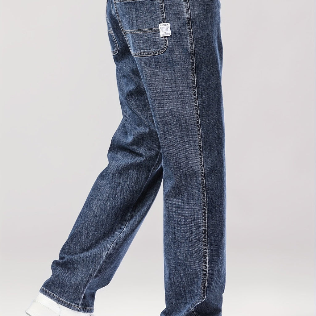 Men'S Classic Straight-Leg Jeans - Stretch Denim, Loose Fit, Breathable & Durable, Black with Brown & White Denim Pants for Casual or Business Wear