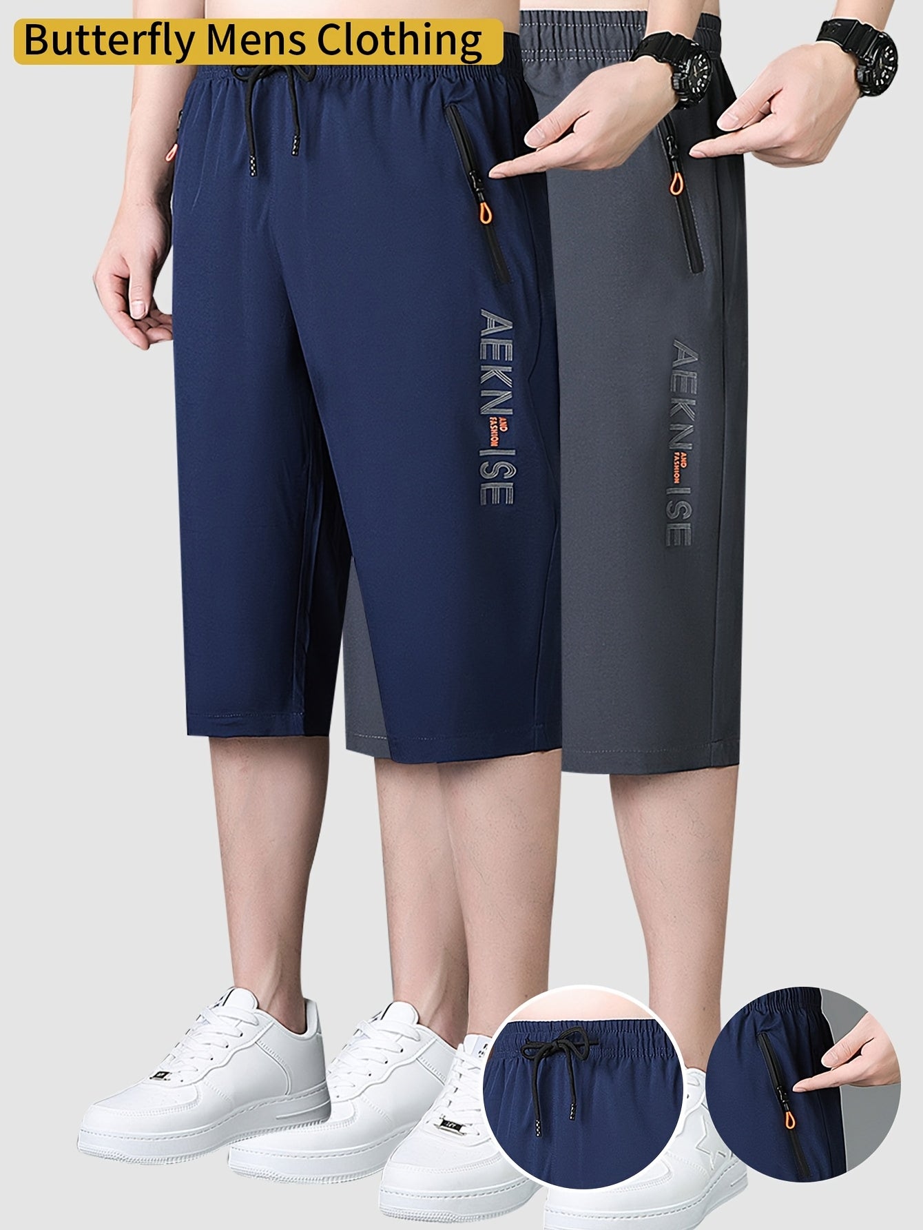 2pcs Men's Mid-Thigh Athletic Shorts with Drawstring & Zipper Pockets - Stylish Letter Print Design, Black & Navy Blue, Perfect for Gym, Casual Wear, Yoga, and Outdoor Activities, Modern Sports Apparel | Durable Sportswear