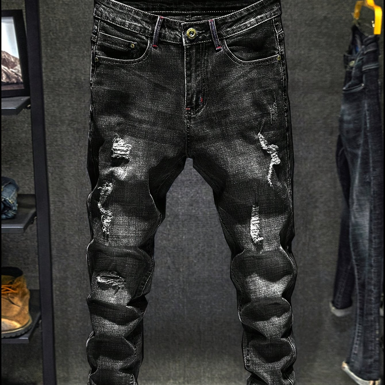 Men's Casual Regular Jeans, Street Style Chic Stretch Denim Pants